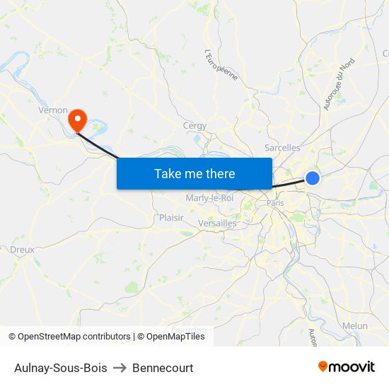Aulnay-Sous-Bois to Bennecourt map