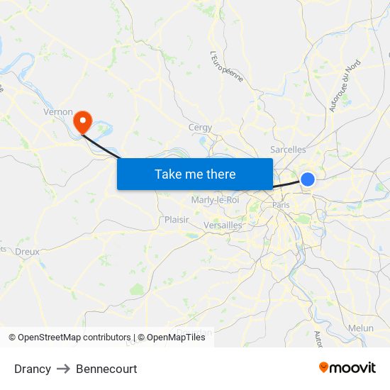 Drancy to Bennecourt map