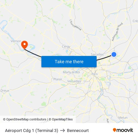 Aéroport Cdg 1 (Terminal 3) to Bennecourt map