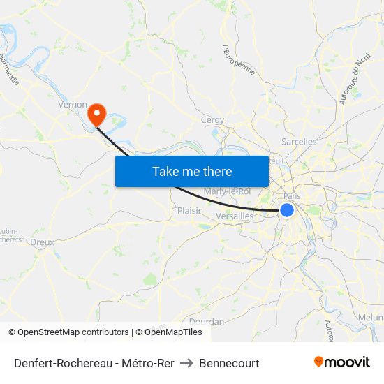 Denfert-Rochereau - Métro-Rer to Bennecourt map