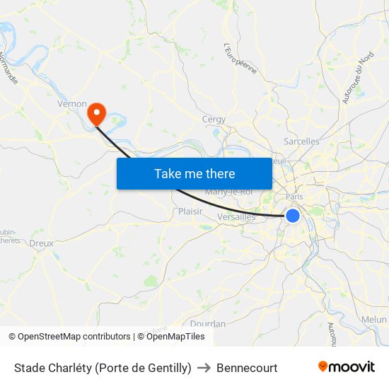 Stade Charléty (Porte de Gentilly) to Bennecourt map
