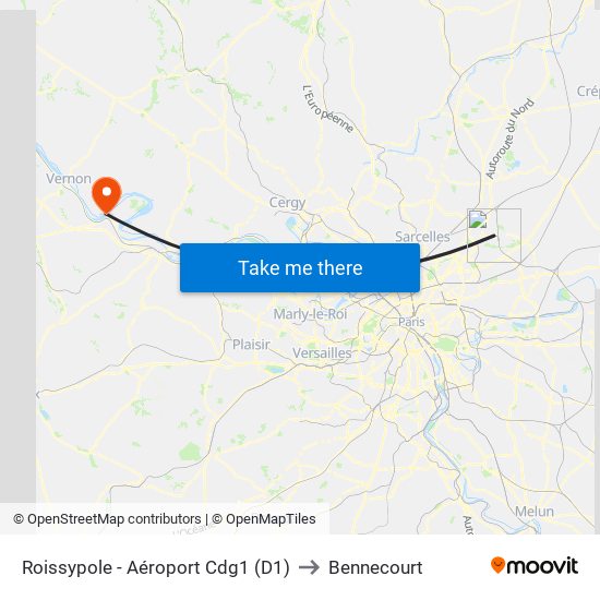 Roissypole - Aéroport Cdg1 (D1) to Bennecourt map
