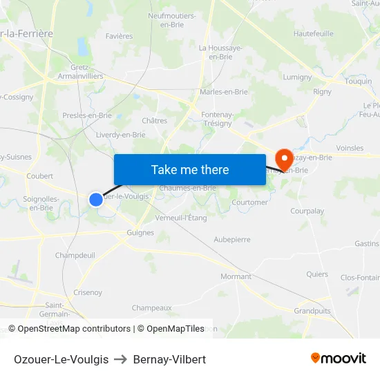 Ozouer-Le-Voulgis to Bernay-Vilbert map