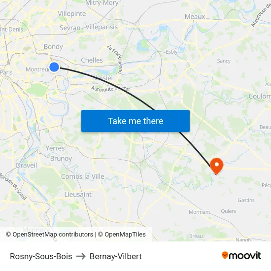 Rosny-Sous-Bois to Bernay-Vilbert map