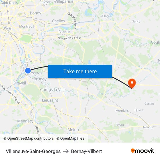 Villeneuve-Saint-Georges to Bernay-Vilbert map