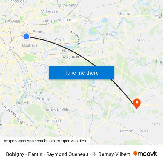 Bobigny - Pantin - Raymond Queneau to Bernay-Vilbert map