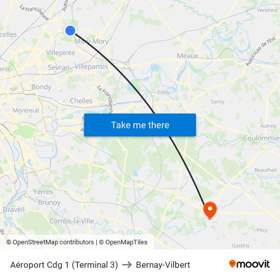 Aéroport Cdg 1 (Terminal 3) to Bernay-Vilbert map