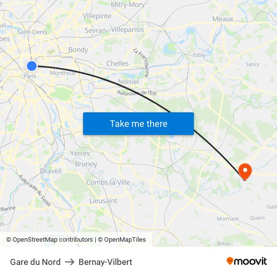 Gare du Nord to Bernay-Vilbert map