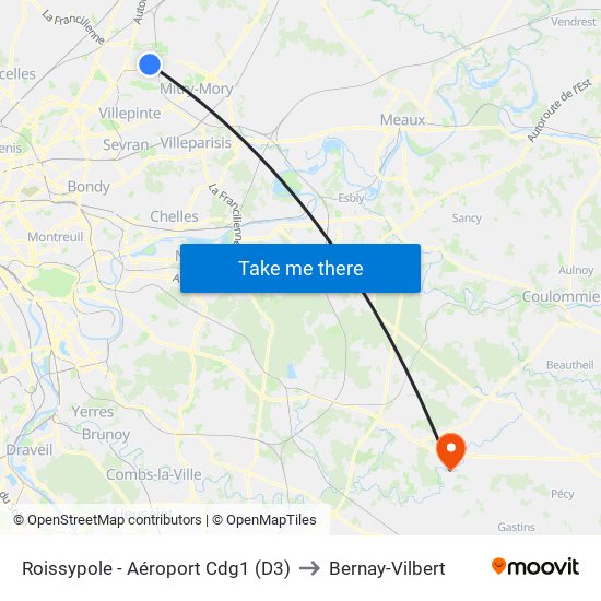 Roissypole - Aéroport Cdg1 (D3) to Bernay-Vilbert map