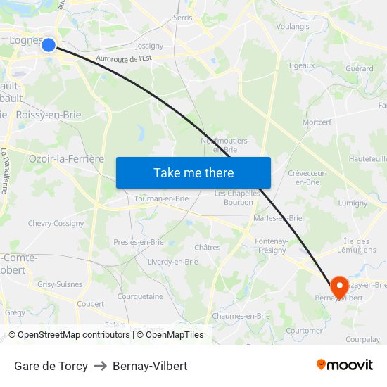 Gare de Torcy to Bernay-Vilbert map