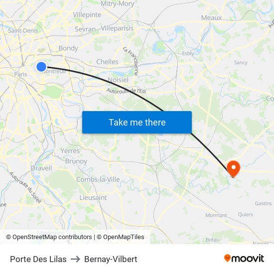 Porte Des Lilas to Bernay-Vilbert map