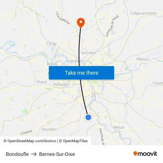 Bondoufle to Bernes-Sur-Oise map