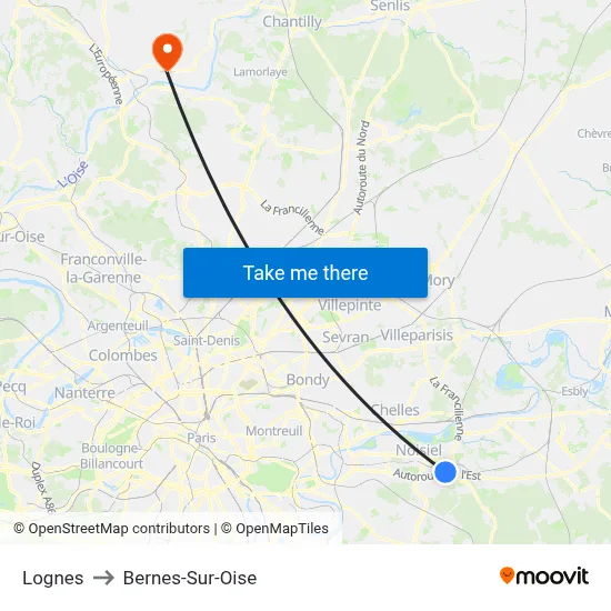 Lognes to Bernes-Sur-Oise map