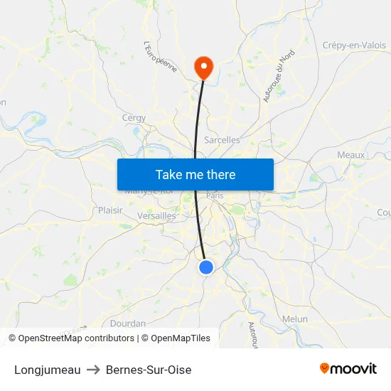 Longjumeau to Bernes-Sur-Oise map