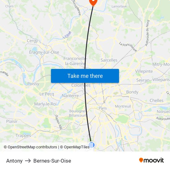 Antony to Bernes-Sur-Oise map
