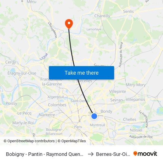 Bobigny - Pantin - Raymond Queneau to Bernes-Sur-Oise map