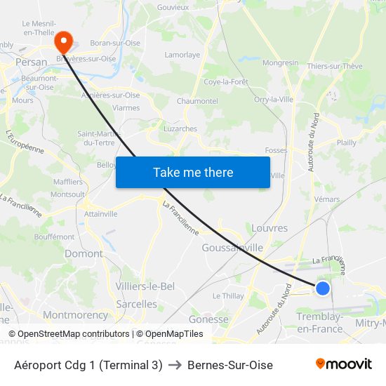 Aéroport Cdg 1 (Terminal 3) to Bernes-Sur-Oise map