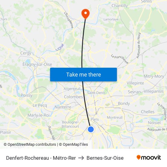 Denfert-Rochereau - Métro-Rer to Bernes-Sur-Oise map