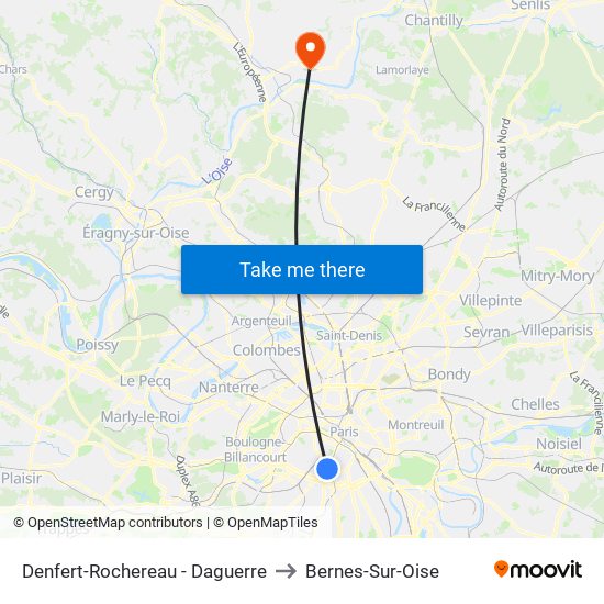 Denfert-Rochereau - Daguerre to Bernes-Sur-Oise map