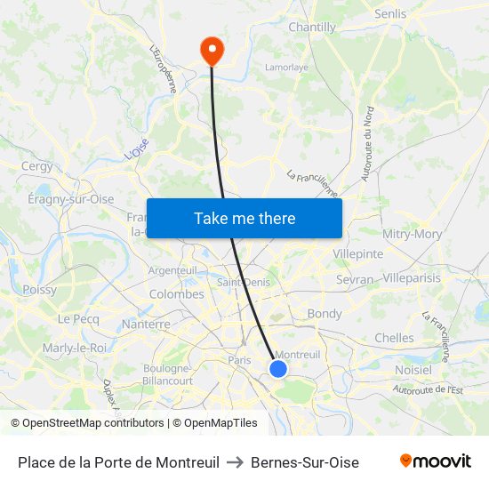 Place de la Porte de Montreuil to Bernes-Sur-Oise map