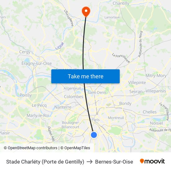 Stade Charléty (Porte de Gentilly) to Bernes-Sur-Oise map