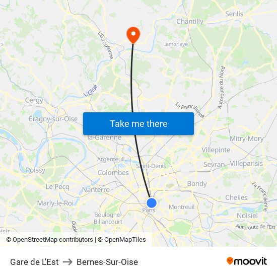 Gare de L'Est to Bernes-Sur-Oise map