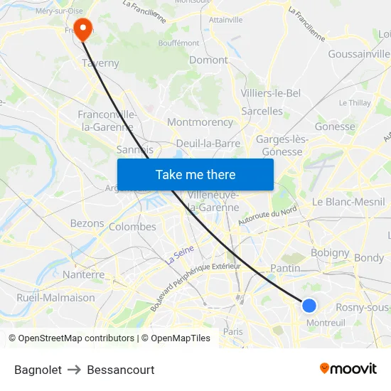 Bagnolet to Bessancourt map