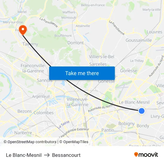 Le Blanc-Mesnil to Bessancourt map