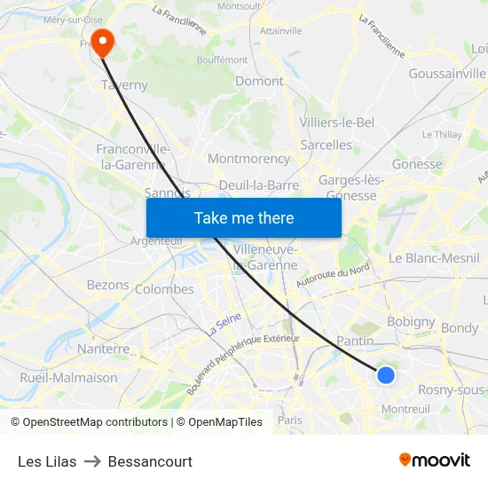Les Lilas to Bessancourt map