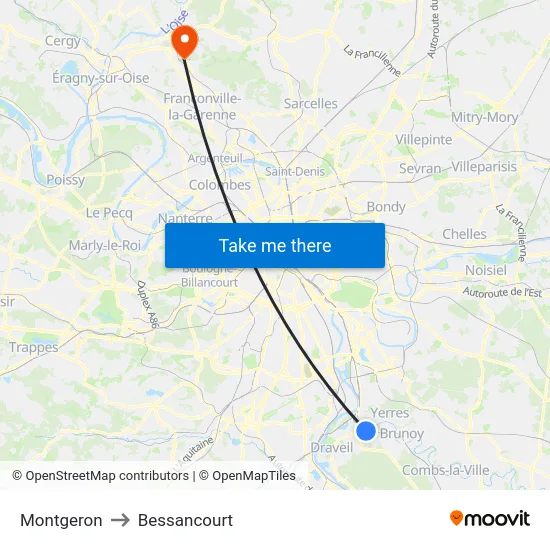 Montgeron to Bessancourt map