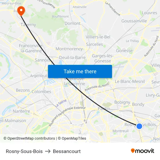 Rosny-Sous-Bois to Bessancourt map