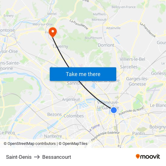 Saint-Denis to Bessancourt map