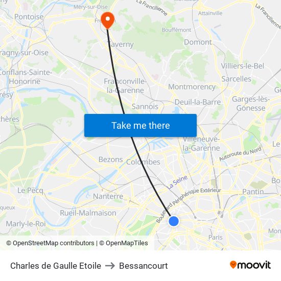 Charles de Gaulle Etoile to Bessancourt map
