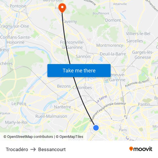 Trocadéro to Bessancourt map
