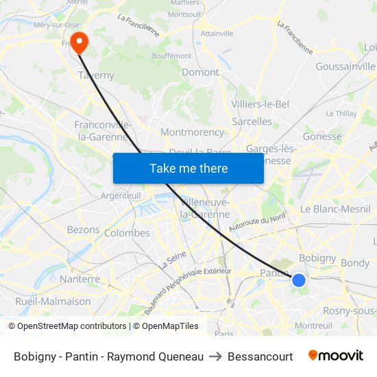 Bobigny - Pantin - Raymond Queneau to Bessancourt map