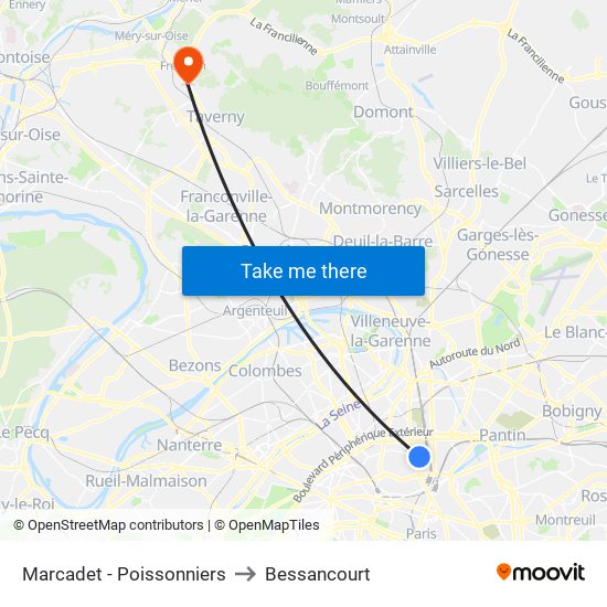 Marcadet - Poissonniers to Bessancourt map