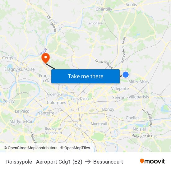 Roissypole - Aéroport Cdg1 (E2) to Bessancourt map