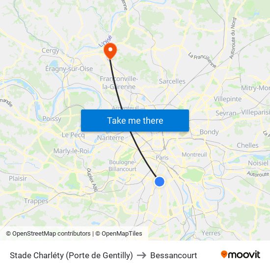 Stade Charléty (Porte de Gentilly) to Bessancourt map
