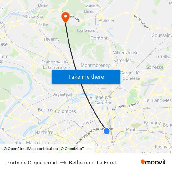 Porte de Clignancourt to Bethemont-La-Foret map