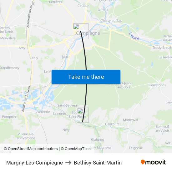 Margny-Lès-Compiègne to Bethisy-Saint-Martin map