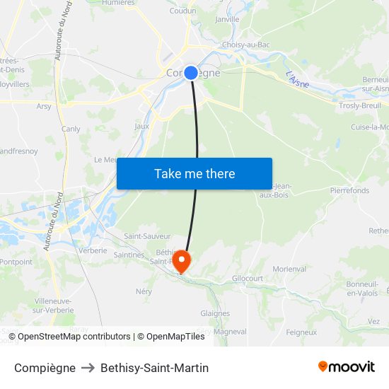 Compiègne to Bethisy-Saint-Martin map
