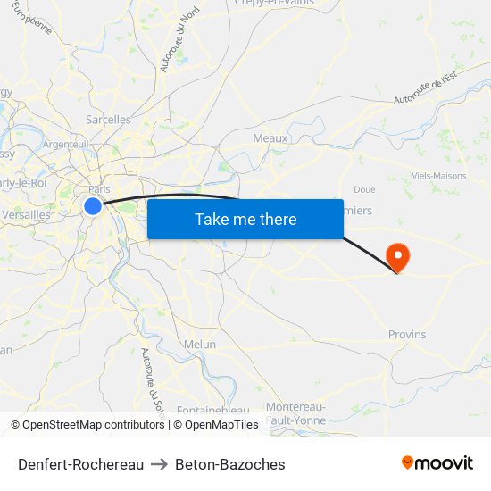 Denfert-Rochereau to Beton-Bazoches map