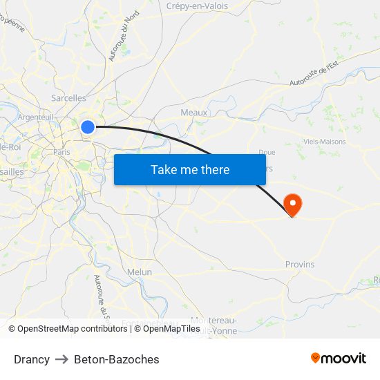 Drancy to Beton-Bazoches map