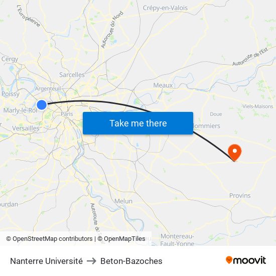 Nanterre Université to Beton-Bazoches map