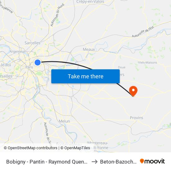 Bobigny - Pantin - Raymond Queneau to Beton-Bazoches map