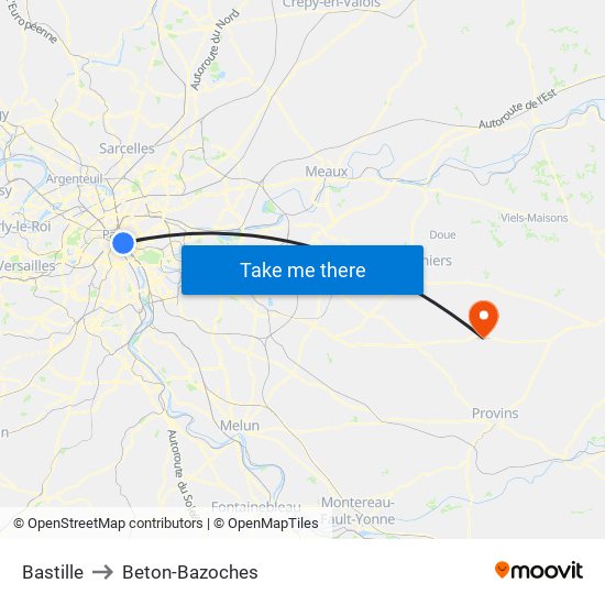 Bastille to Beton-Bazoches map