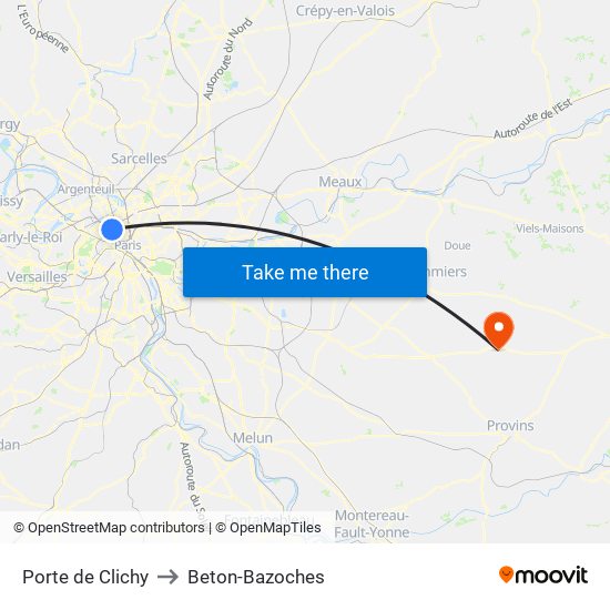 Porte de Clichy to Beton-Bazoches map