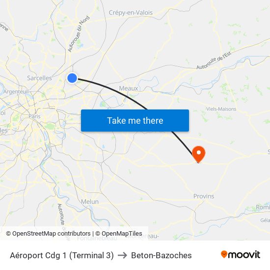 Aéroport Cdg 1 (Terminal 3) to Beton-Bazoches map