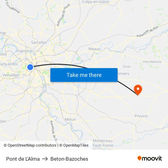 Pont de L'Alma to Beton-Bazoches map