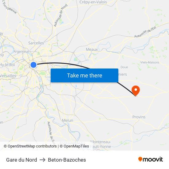 Gare du Nord to Beton-Bazoches map